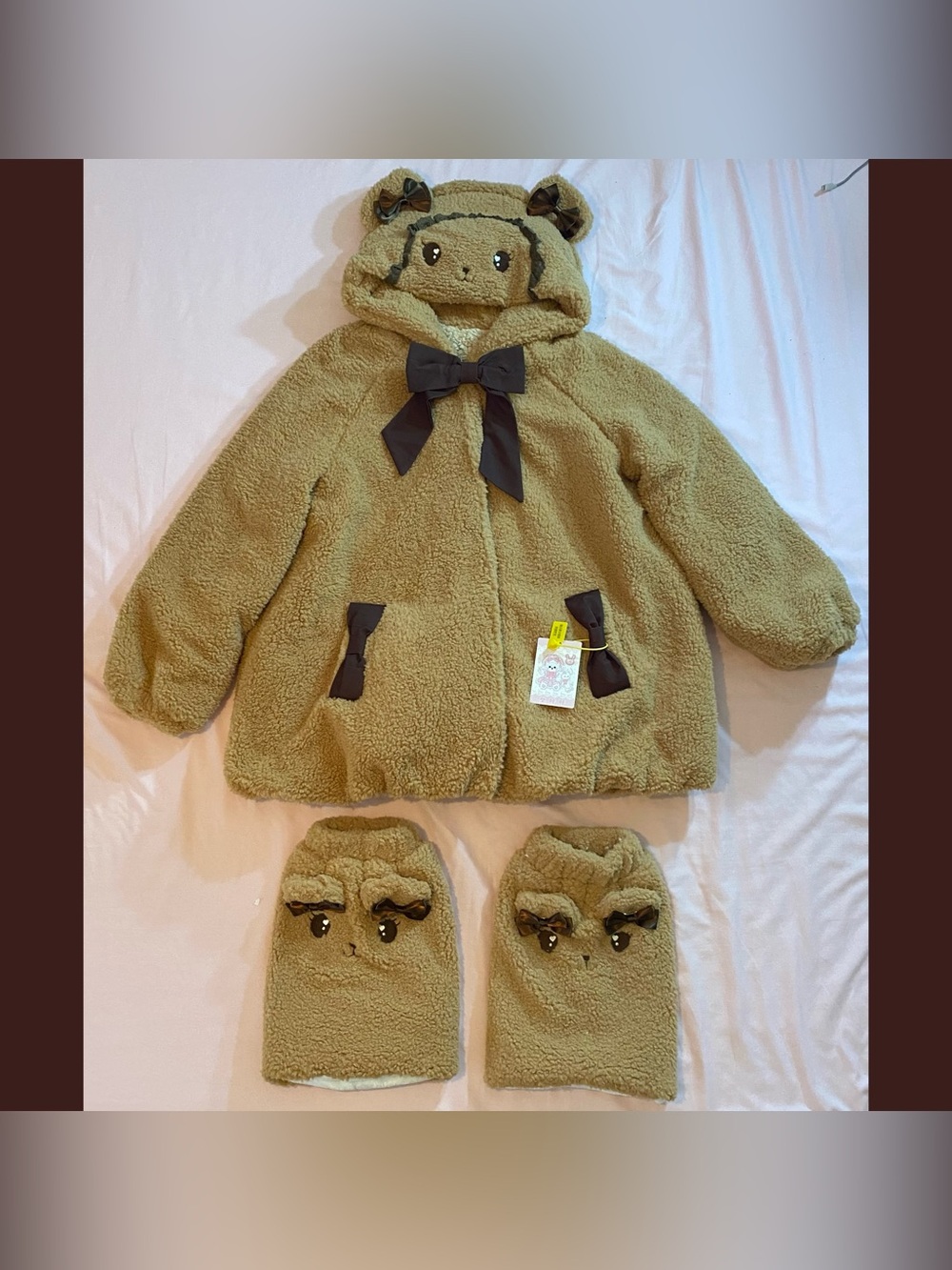 NWT Kawaii Huhu EGL Lolita Brown Milk Tea Tan Bear Hooded Coat + Leg Warmers Set